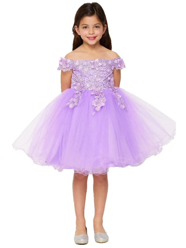 Big Girls Lilac 3D Floral Sequin Tulle Off Shoulder Junior Bridesmaid Dress 8-12 - SophiasStyle.com